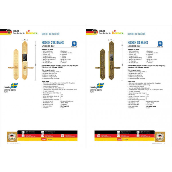 Khóa Demax EL8882 24K BRASS, Vân Tay, App Wifi, Đại Sảnh Biệt Thự - Đồng nguyên chất đúc, Mạ vàng 24K_1